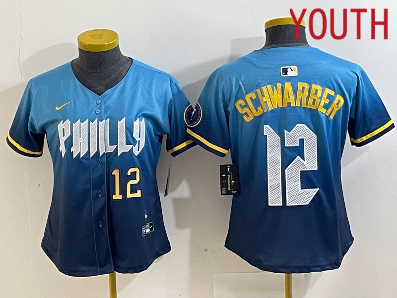 Youth Philadelphia Phillies #12 Schwarber Blue City Edition Nike 2024 MLB Jersey style 3->youth mlb jersey->Youth Jersey